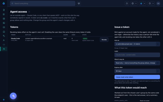 Agent Access: the tokens issued, who each acts as, and what it has reached