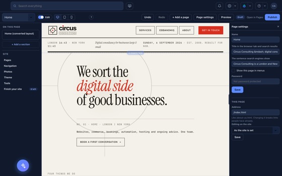 Click a section and its inspector opens beside the page
