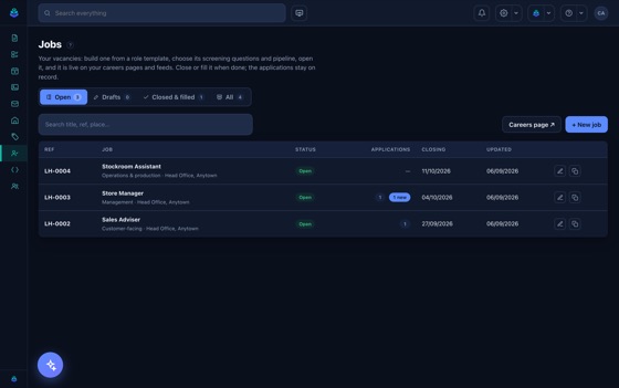 Vacancies, in tabs: open, drafts, and the rest