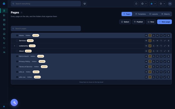 The page tree: pages nest as they do in the site navigation